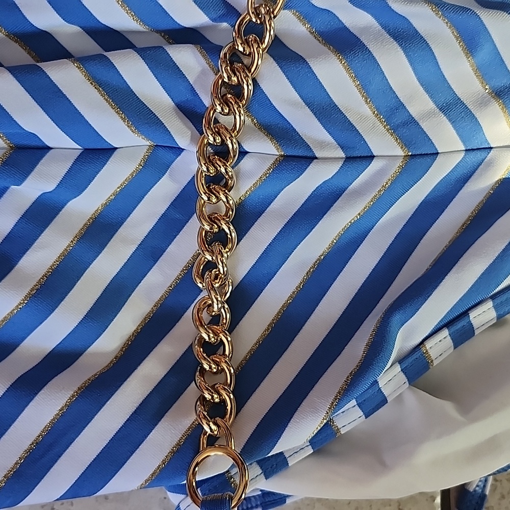 NWT Juicy Couture One Piece Blue & White Gold Tone Chain Halter Neck Swimsuit - Picture 10 of 16
